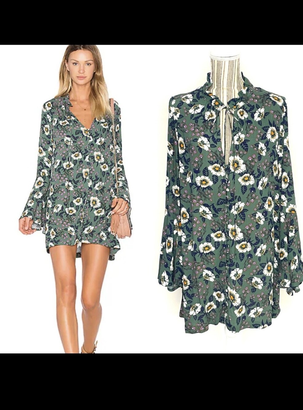 Free People Olive Green Floral V-Neck Long Sleeve Mini Dress Size M